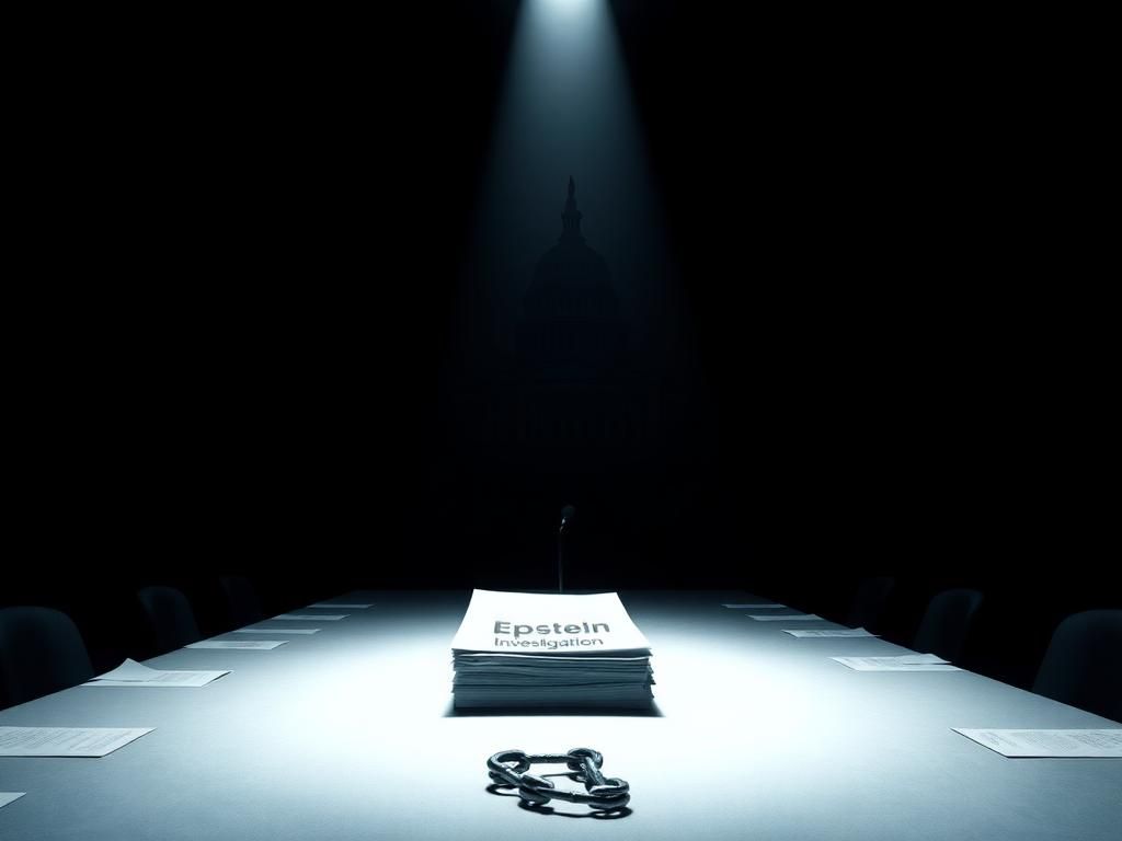 Flick International Dimly lit conference room with scattered documents and a microphone stand, symbolizing the Epstein case revelation.