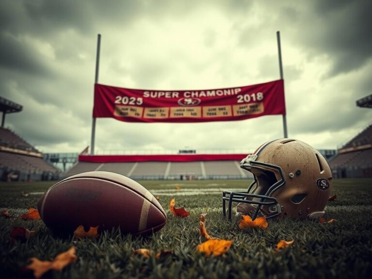 Flick International Empty San Francisco 49ers football field draped in team colors with a football and helmet
