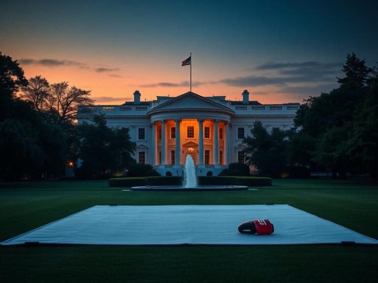 Flick International Grand exterior view of the White House at twilight with UFC event setup