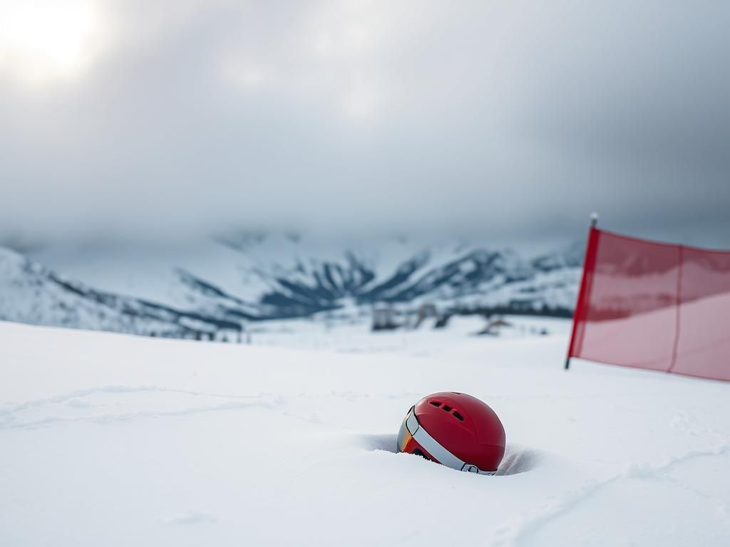 Flick International Abandoned red ski helmet in the snow on a Chilean training slope