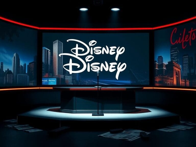 Flick International Darkened television studio set with an empty talk show desk and a microphone