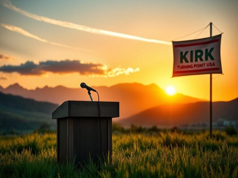 Flick International A serene Utah landscape with a rustic podium and a sunset backdrop, honoring Charlie Kirk.