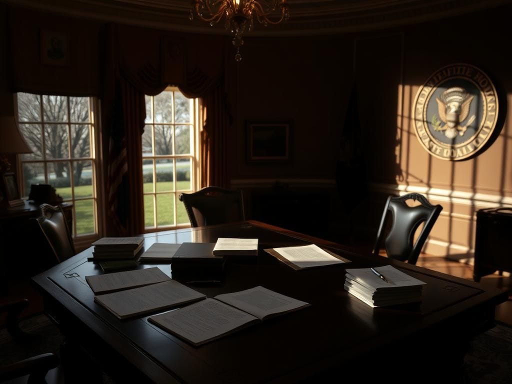 Flick International Dimly lit Oval Office with ornate wooden desk and legal documents