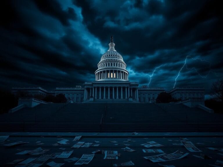 Flick International U.S. Capitol building at dusk with storm clouds and empty steps symbolizing political turmoil