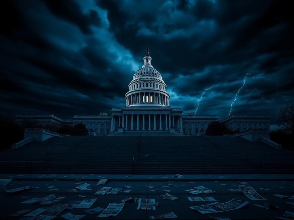 Flick International U.S. Capitol building at dusk with storm clouds and empty steps symbolizing political turmoil