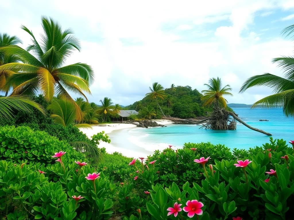 Flick International Serene view of Necker Island with lush vegetation and signs of past disaster