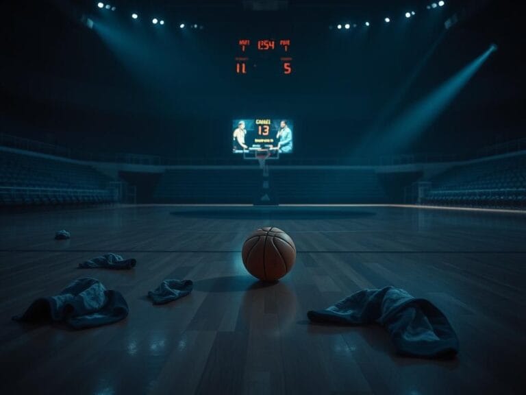 Flick International Empty basketball court with scattered towels and a basketball after a game