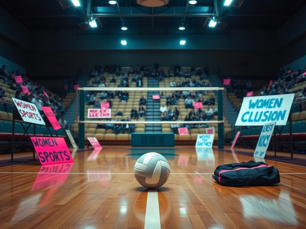 Flick International A college volleyball court in California with protest signs and empty bleachers amidst a tense atmosphere.