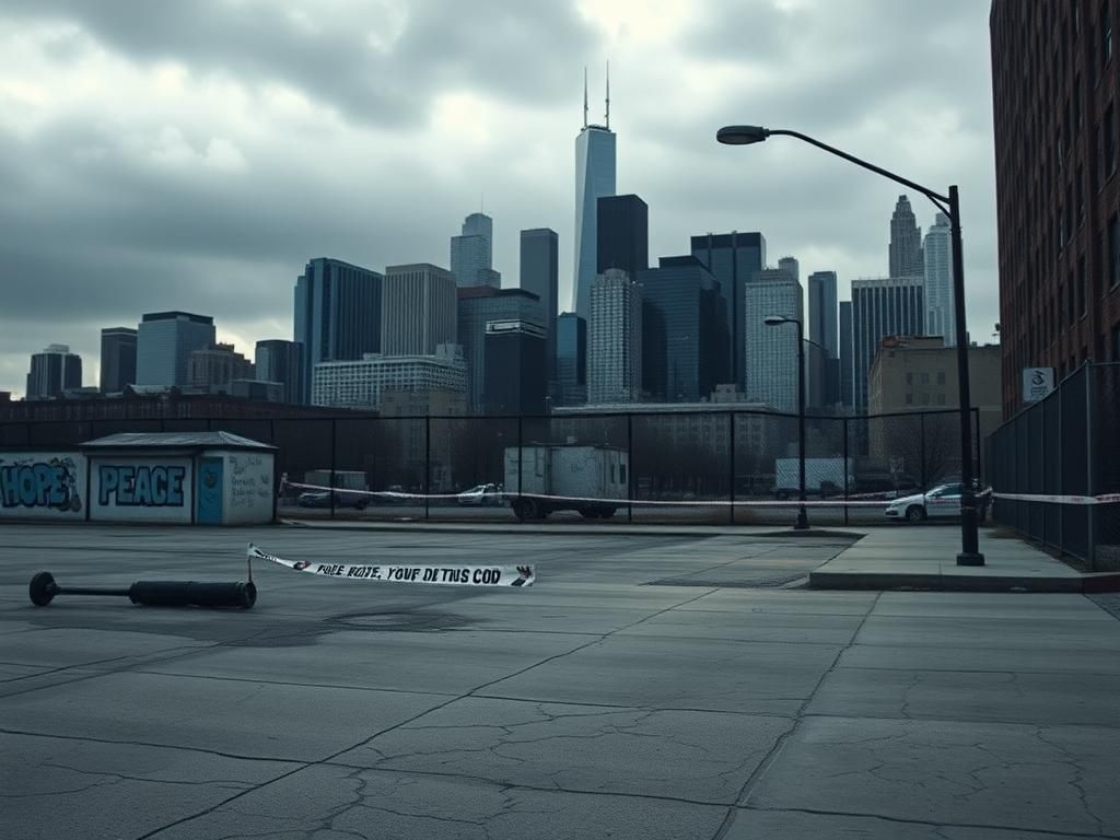 Flick International Urban landscape in Chicago showcasing a deserted city block with murals promoting peace