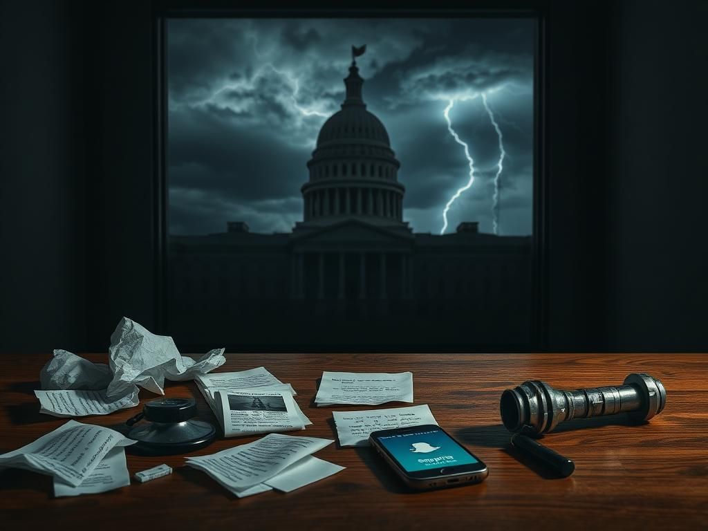 Flick International Dimly lit empty room with ominous objects symbolizing political threat