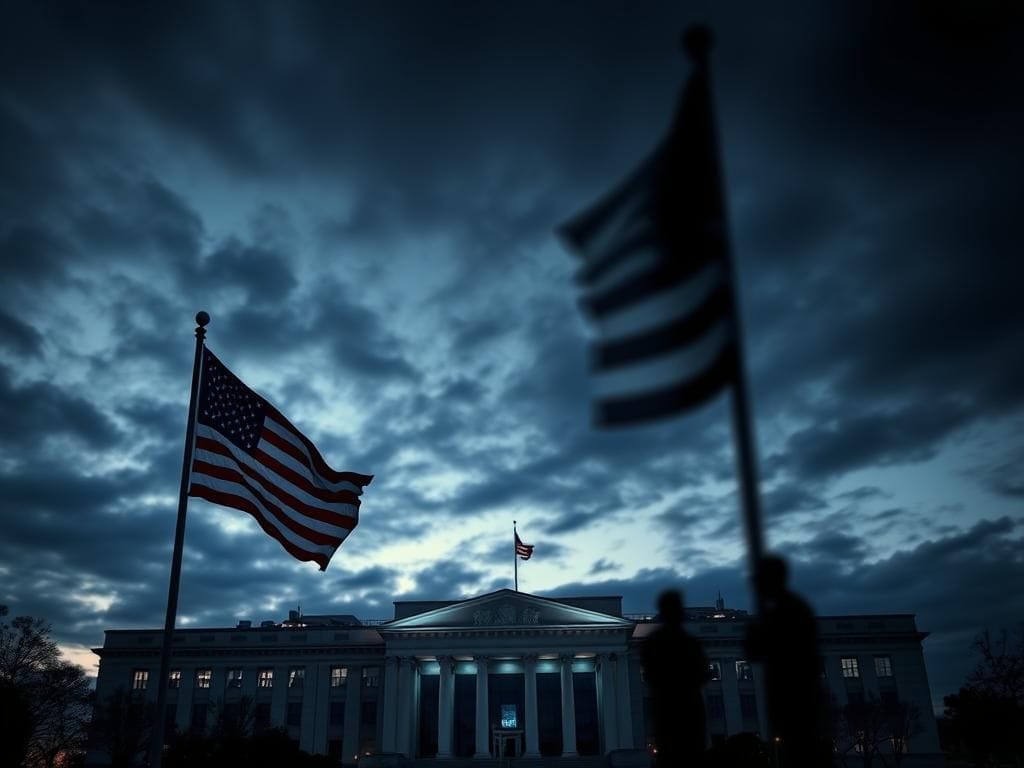 Flick International Exterior view of the Pentagon at dusk with a large American flag