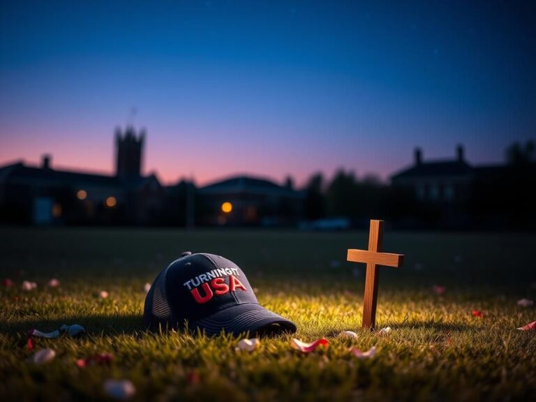 Flick International A quiet outdoor venue at twilight with a fallen baseball cap and wooden cross