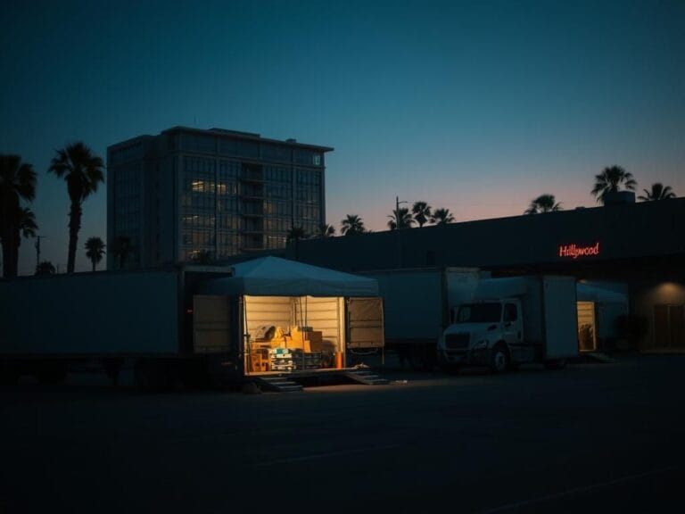 Flick International Dimly lit parking lot at twilight with moving trucks near an office building