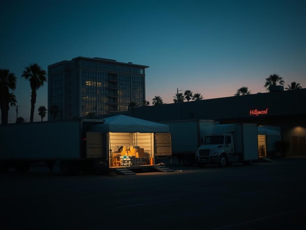 Flick International Dimly lit parking lot at twilight with moving trucks near an office building