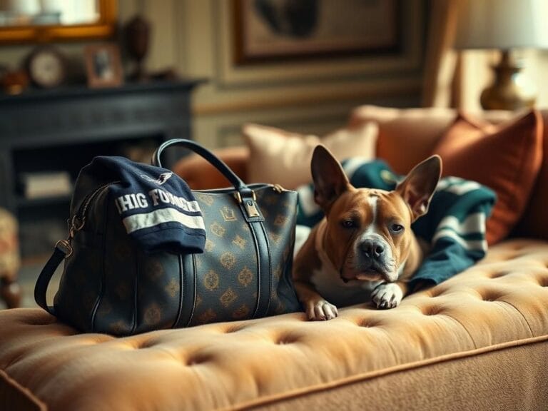 Flick International Close-up of a stylish pit bull resting beside a luxurious designer dog bag
