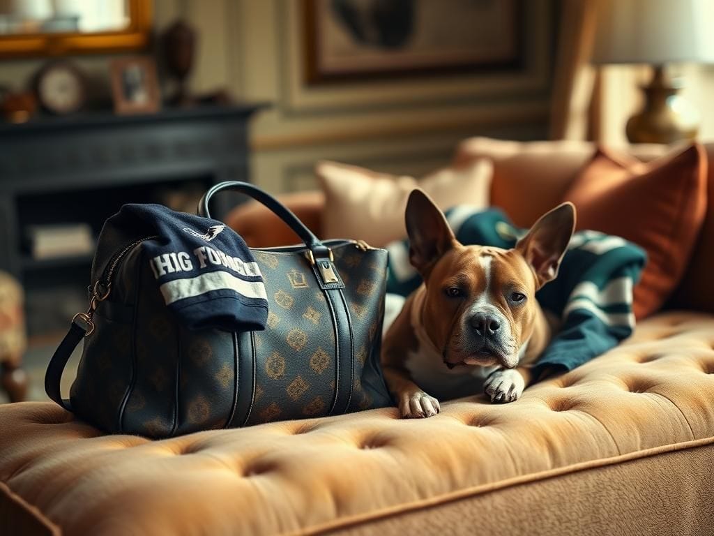 Flick International Close-up of a stylish pit bull resting beside a luxurious designer dog bag