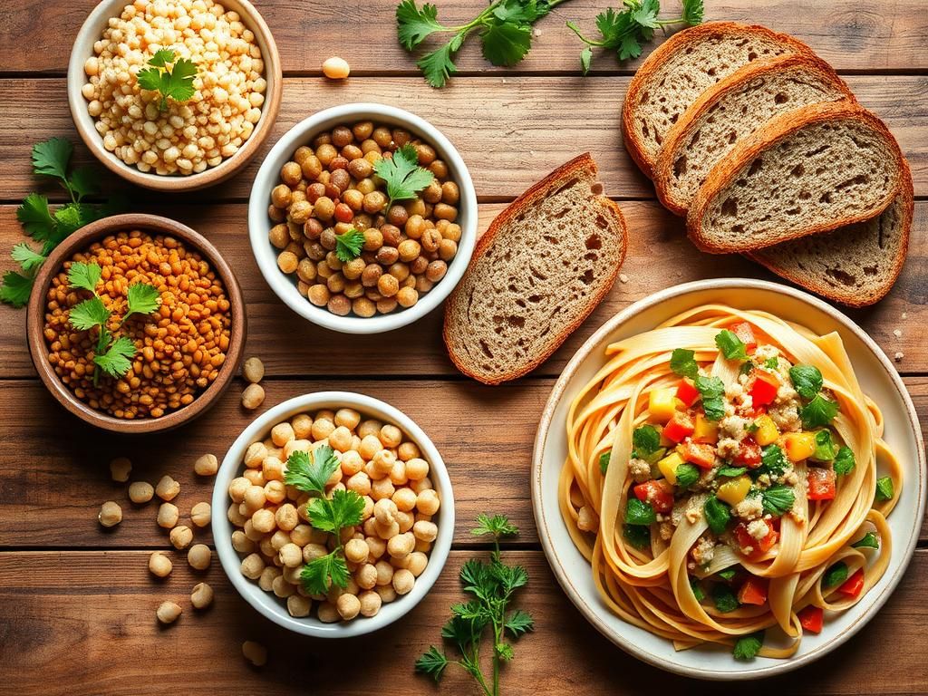 Flick International Vibrant flat lay of protein-packed carbohydrate foods including quinoa and lentils