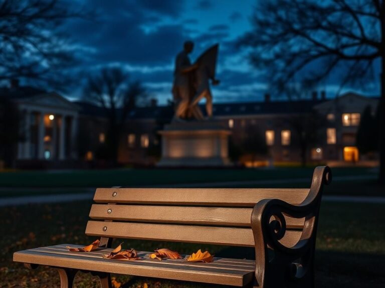 Flick International A university campus at dusk featuring a prominent statue symbolizing dialogue and debate.