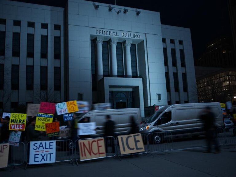 Flick International A dramatic scene outside a federal building with protesters and barricades advocating for immigration rights.