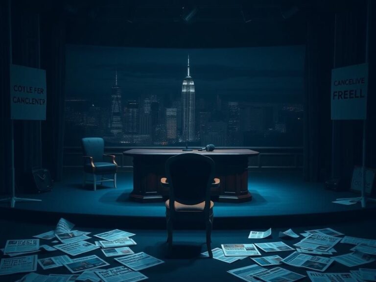 Flick International Dimly lit late-night talk show studio with an empty stage and unplugged microphone