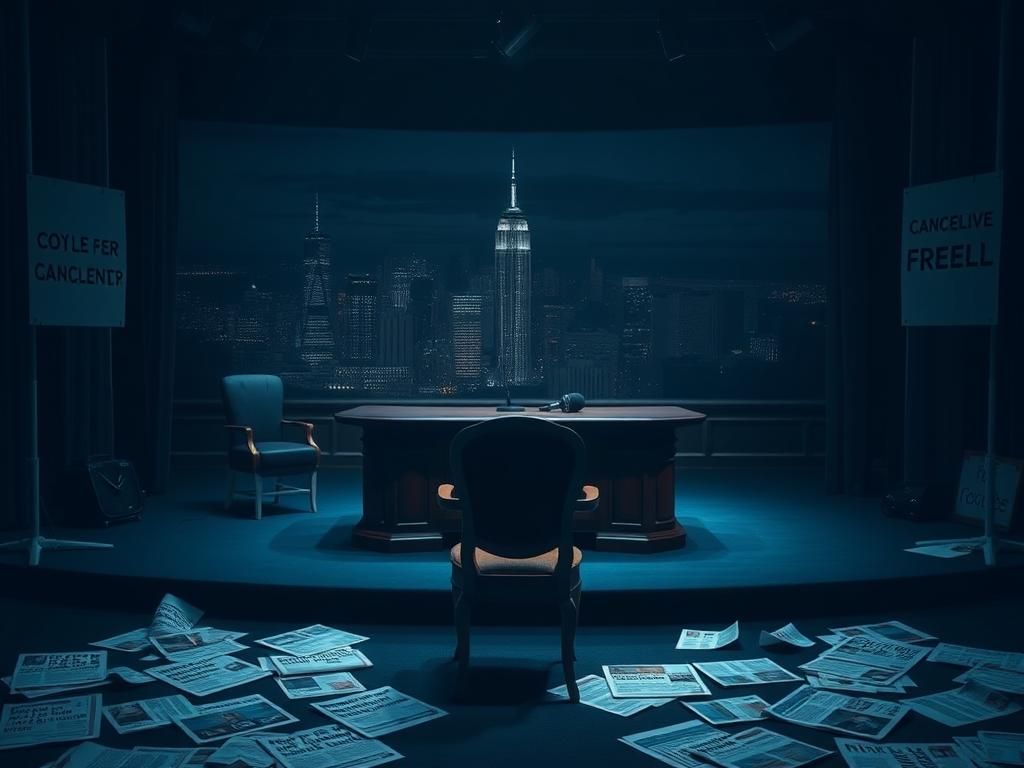 Flick International Dimly lit late-night talk show studio with an empty stage and unplugged microphone