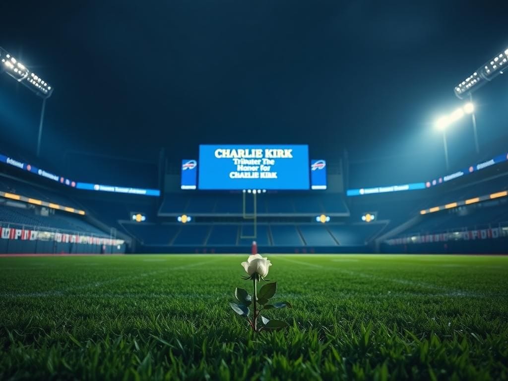 Flick International A tribute scene at a football stadium for Charlie Kirk with a large jumbotron and a single white rose.