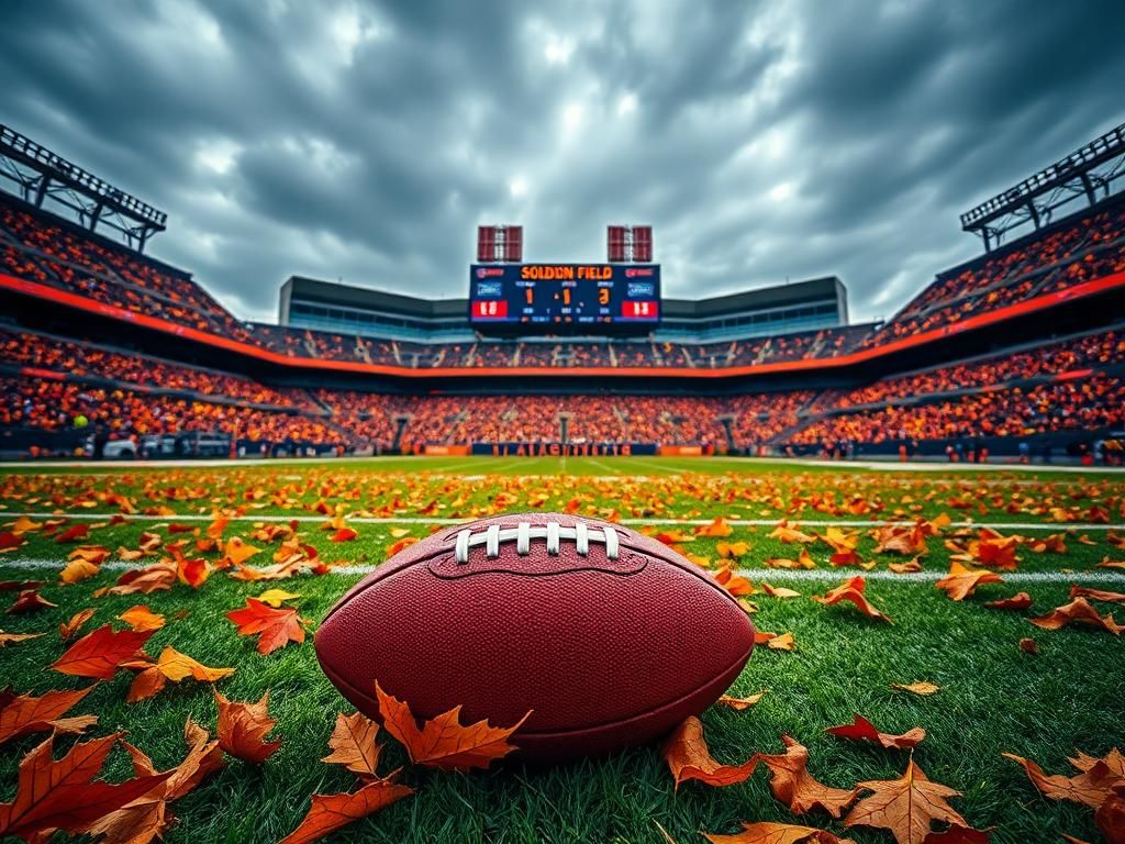 Flick International A dramatic view of Soldier Field with autumn foliage and a football on the turf.