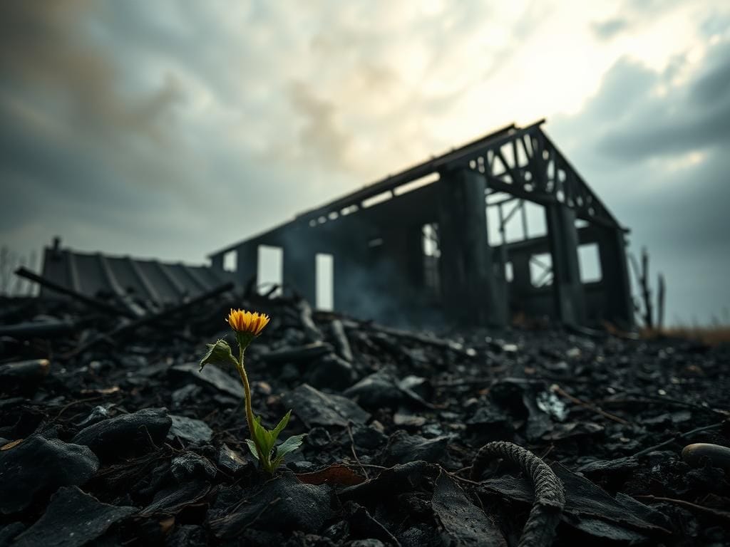 Flick International Charred remains of a house with blackened walls after a fire