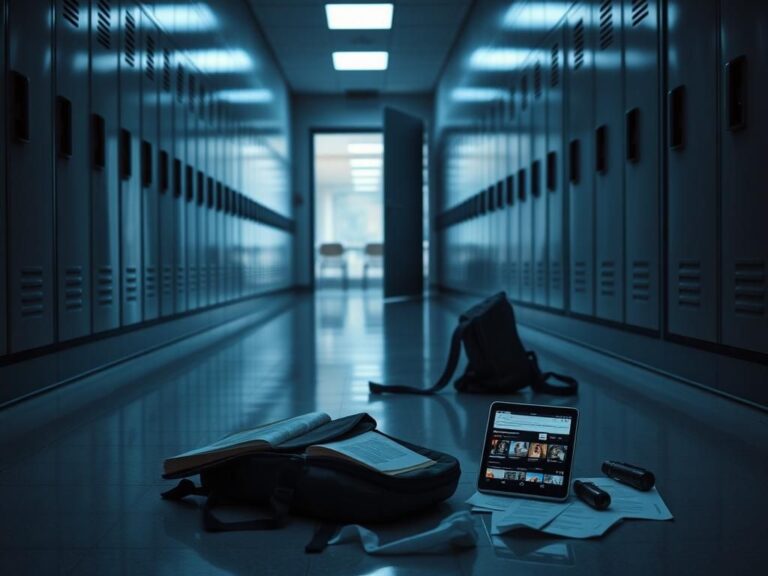 Flick International Dimly lit school hallway showcasing a deserted environment with a backpack, hinting at a recent crisis.