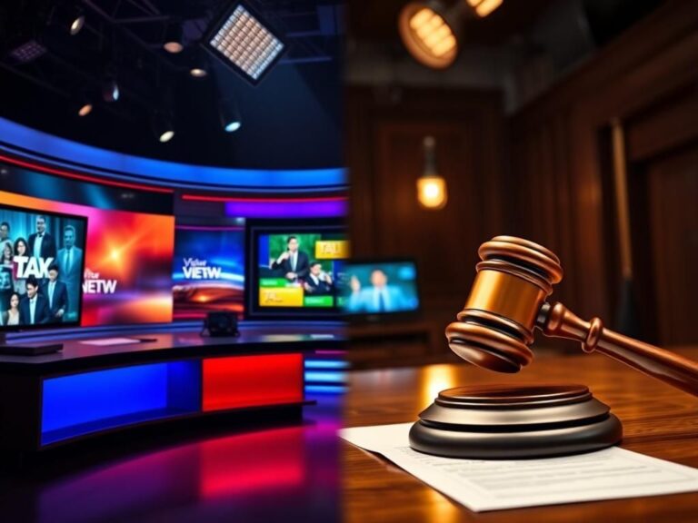 Flick International A split-screen image depicting a modern TV broadcast studio contrasted with a serious courtroom setting, highlighting the tension in media regulation.