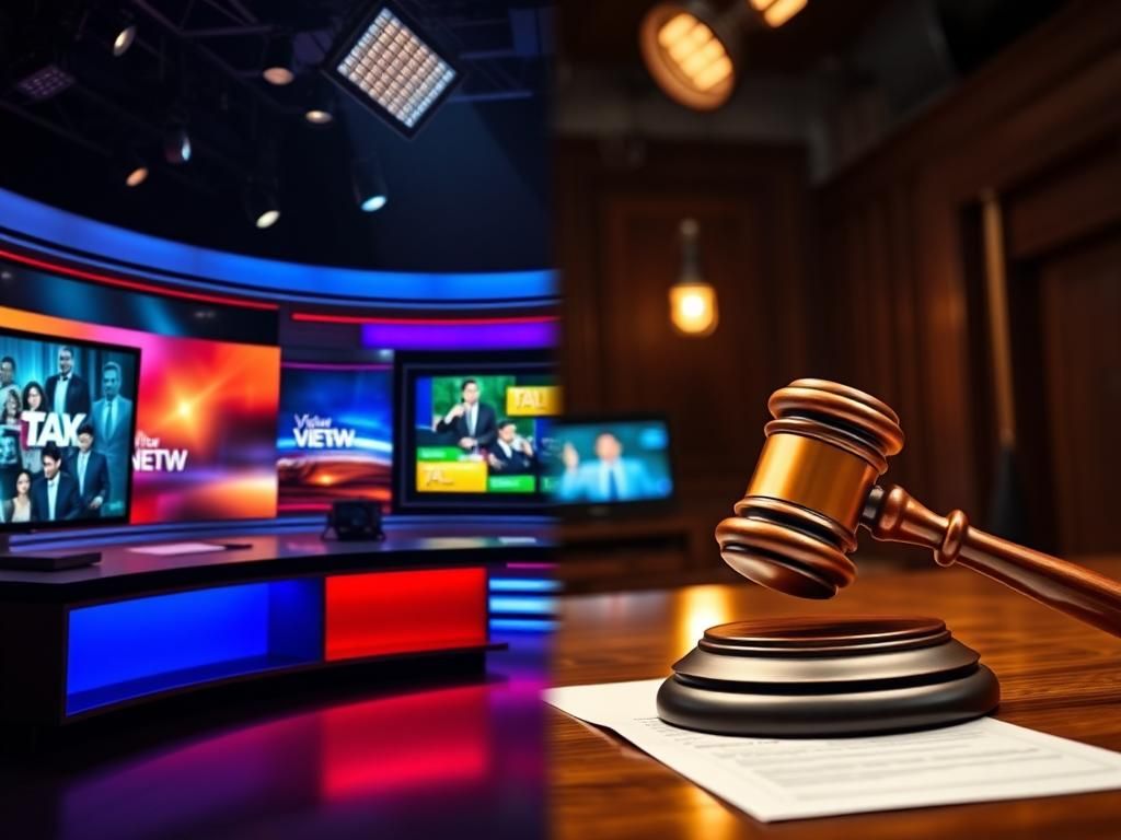 Flick International A split-screen image depicting a modern TV broadcast studio contrasted with a serious courtroom setting, highlighting the tension in media regulation.