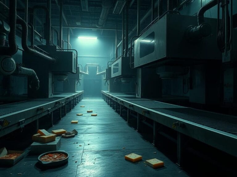 Flick International Dimly lit industrial pizza factory featuring robotic machinery