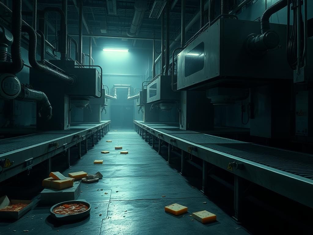 Flick International Dimly lit industrial pizza factory featuring robotic machinery
