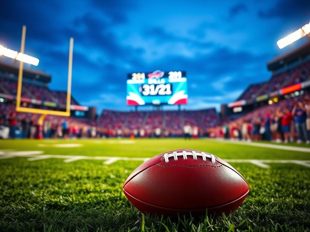 Flick International Close-up of a football on green turf under stadium lights during Bills game
