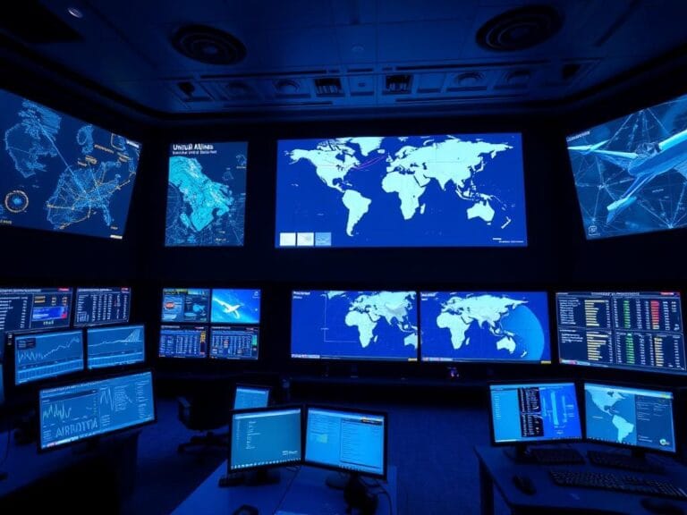 Flick International high-tech command center with screens displaying flight paths and weather data