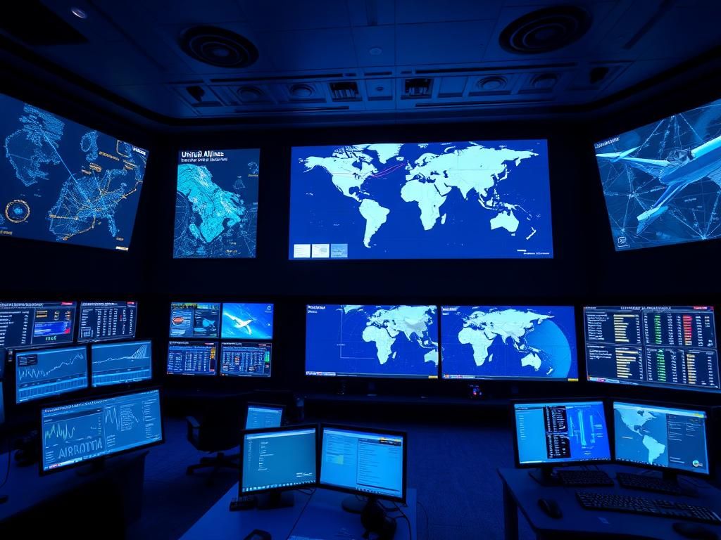 Flick International high-tech command center with screens displaying flight paths and weather data