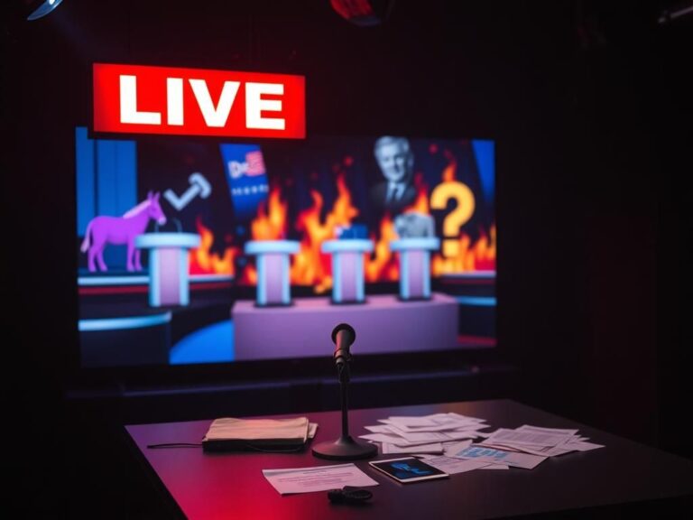 Flick International Dimly lit television studio set with an illuminated 'LIVE' sign, empty microphone, and fragmented political debate on screen.