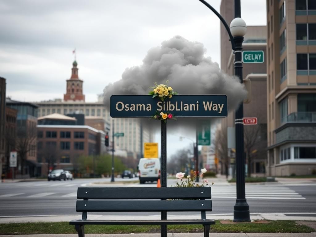 Flick International Empty park bench in front of street signs honoring controversial figure Osama Siblani in Dearborn, Michigan