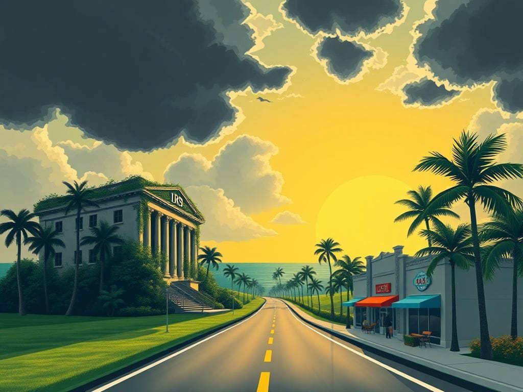 Flick International A stark contrast between an overgrown IRS building and a vibrant Florida landscape symbolizing tax reform and economic growth