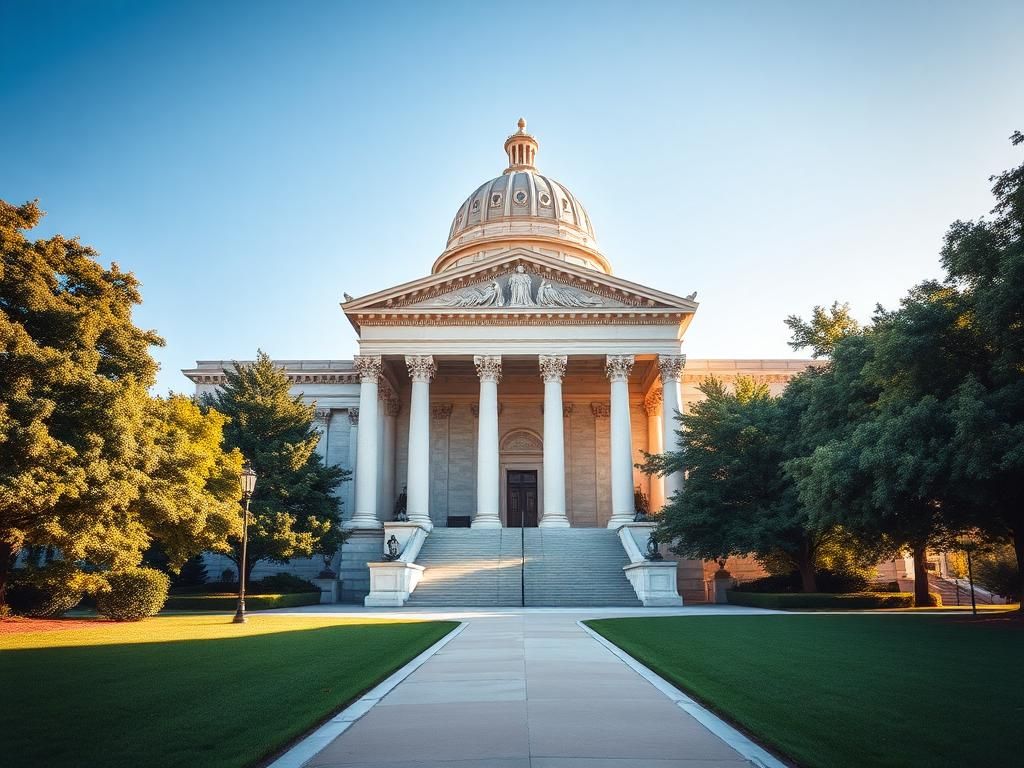 Flick International Majestic federal building with classical architecture featuring Ionic columns and a domed roof