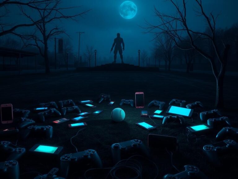 Flick International Dark, moody landscape with video game controllers and smartphones scattered in an empty park