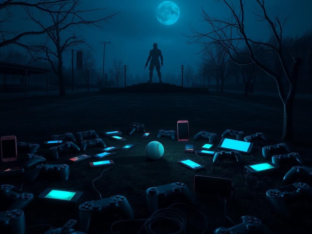 Flick International Dark, moody landscape with video game controllers and smartphones scattered in an empty park