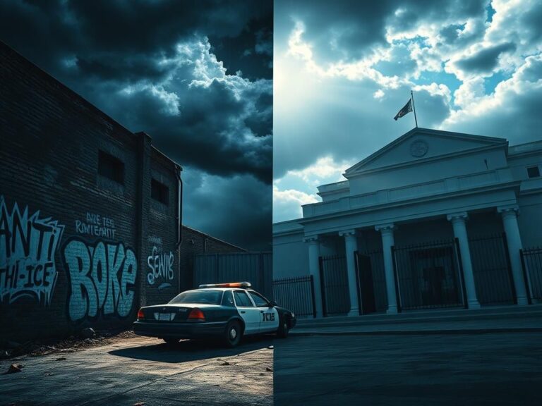 Flick International A stark contrast between a dark urban landscape with anti-ICE graffiti and a bright government building symbolizing law enforcement.