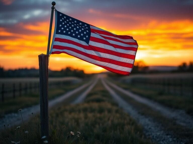 Flick International American flag waving proudly atop a rustic wooden post against a sunset sky