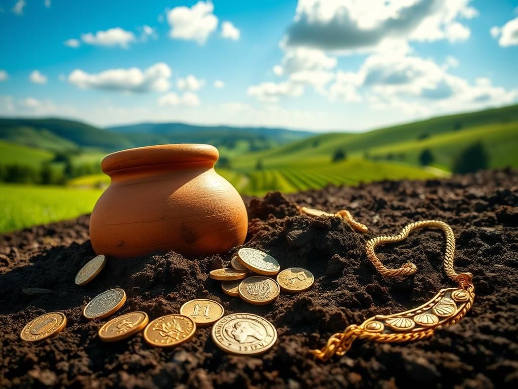 Flick International Ancient clay pot surrounded by medieval coins and a Roman gold necklace in lush countryside