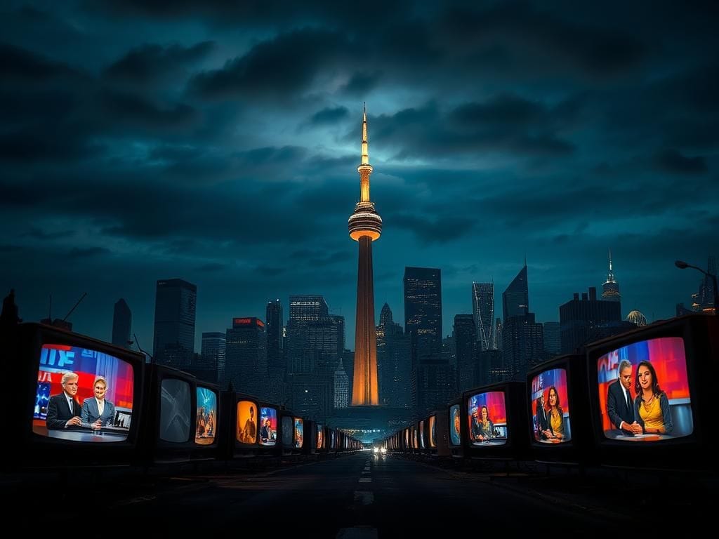 Flick International A serene city skyline at night featuring a dimly lit television broadcast tower signaling through the darkness