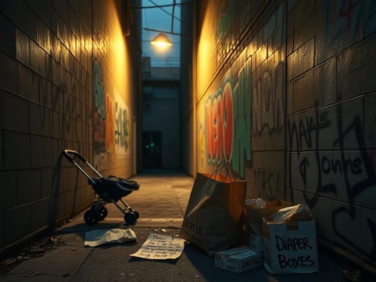 Flick International Dimly lit urban alleyway depicting struggle and survival, representing desperation.