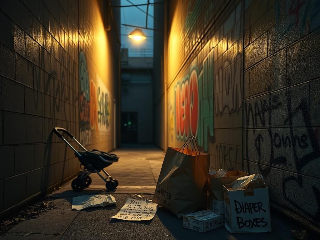 Flick International Dimly lit urban alleyway depicting struggle and survival, representing desperation.