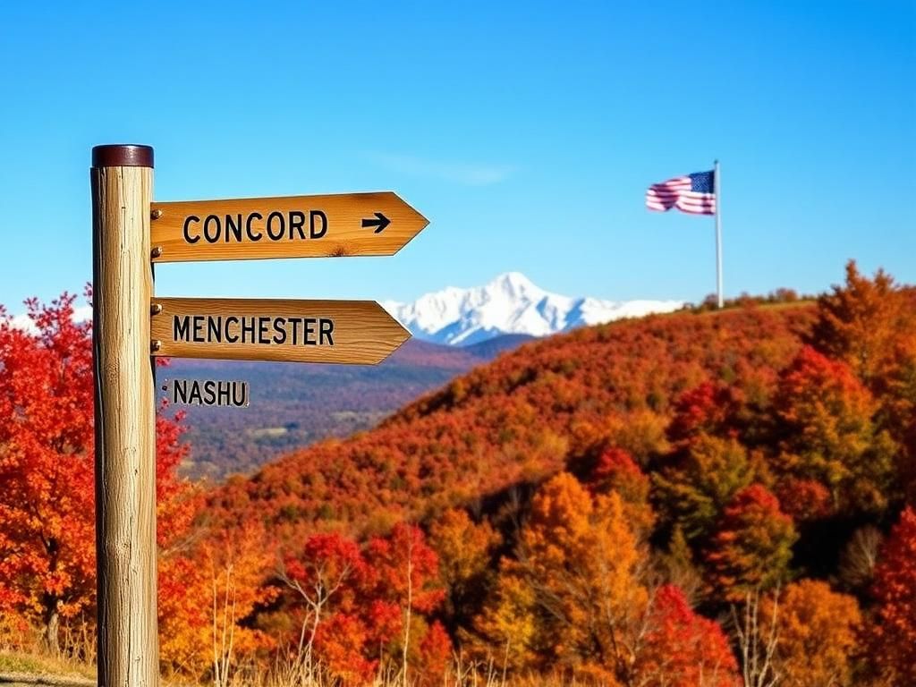 Flick International A picturesque autumn landscape of New Hampshire with vibrant fall foliage and a rustic signpost.