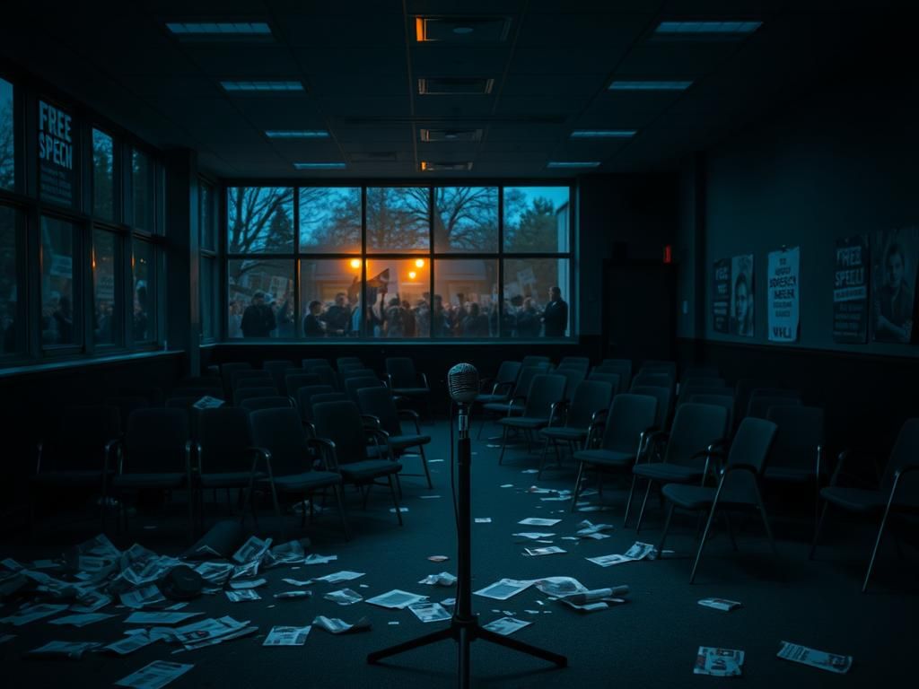 Flick International Empty lecture hall at dusk filled with overturned chairs and scattered pamphlets reflecting campus unrest